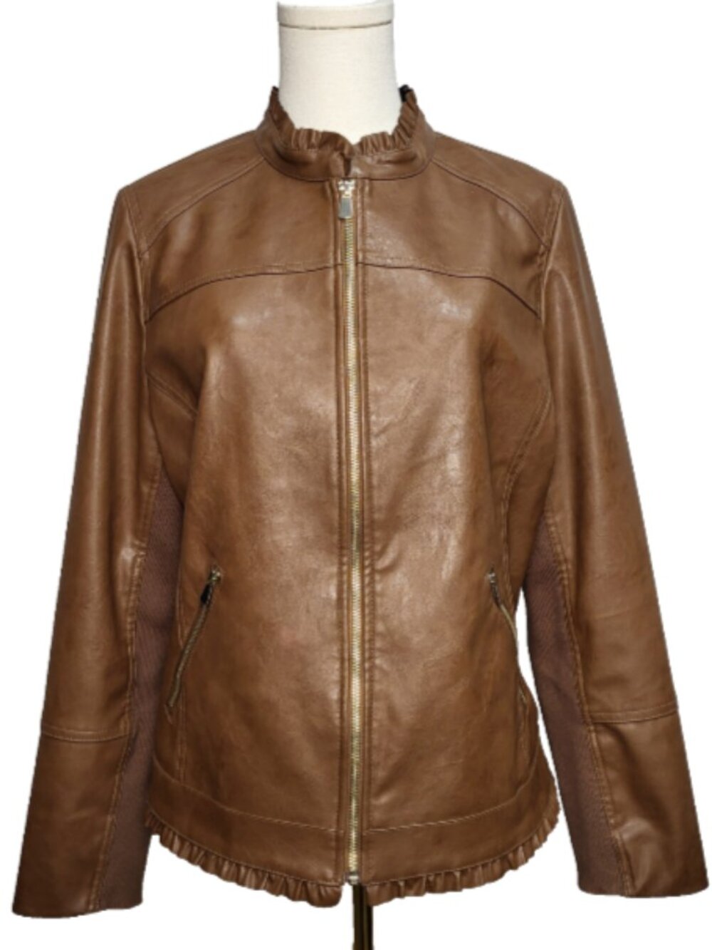 Chico's Size 1 (Reg. Med.) Tan Faux Leather Jacket Full Zip Lined Side Pockets